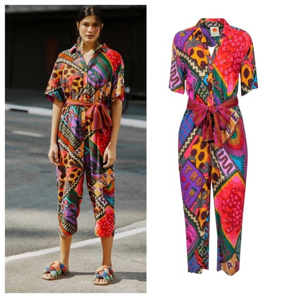 FARM Rio Pants - Farm Rio Dotted Patch Scarf Belted Jumpsuit